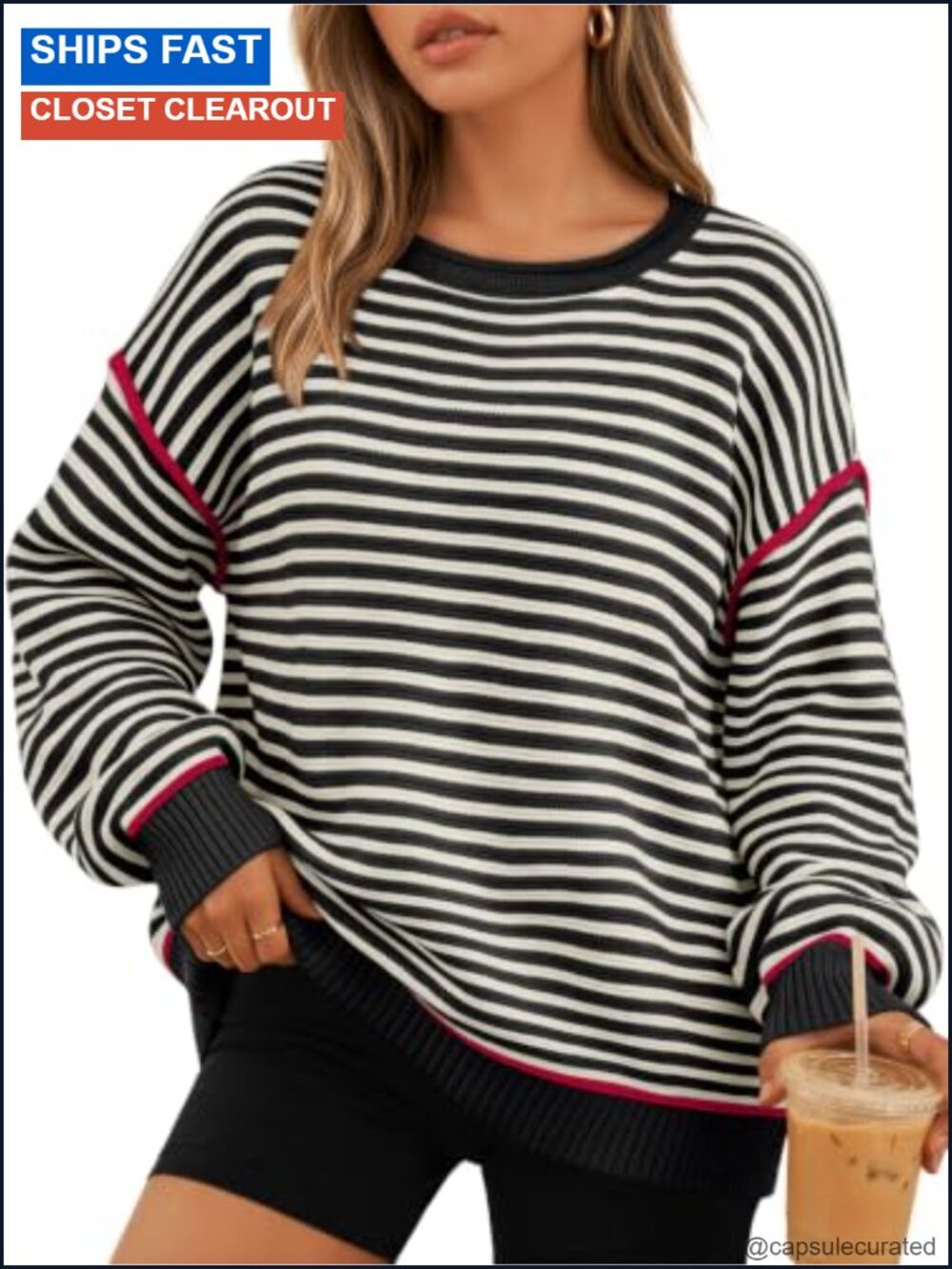 Women's Striped Oversized Cotton Blend Crew Neck Pullover Sweater